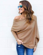 Women's Relaxed Ribbed Off-Shoulder Sweater with Long Batwing Sleeves
