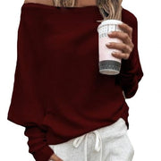 Women's Relaxed Ribbed Off-Shoulder Sweater with Long Batwing Sleeves