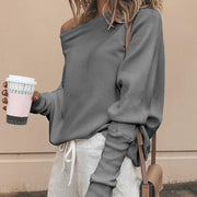 Women's Relaxed Ribbed Off-Shoulder Sweater with Long Batwing Sleeves