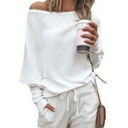 Women's Relaxed Ribbed Off-Shoulder Sweater with Long Batwing Sleeves