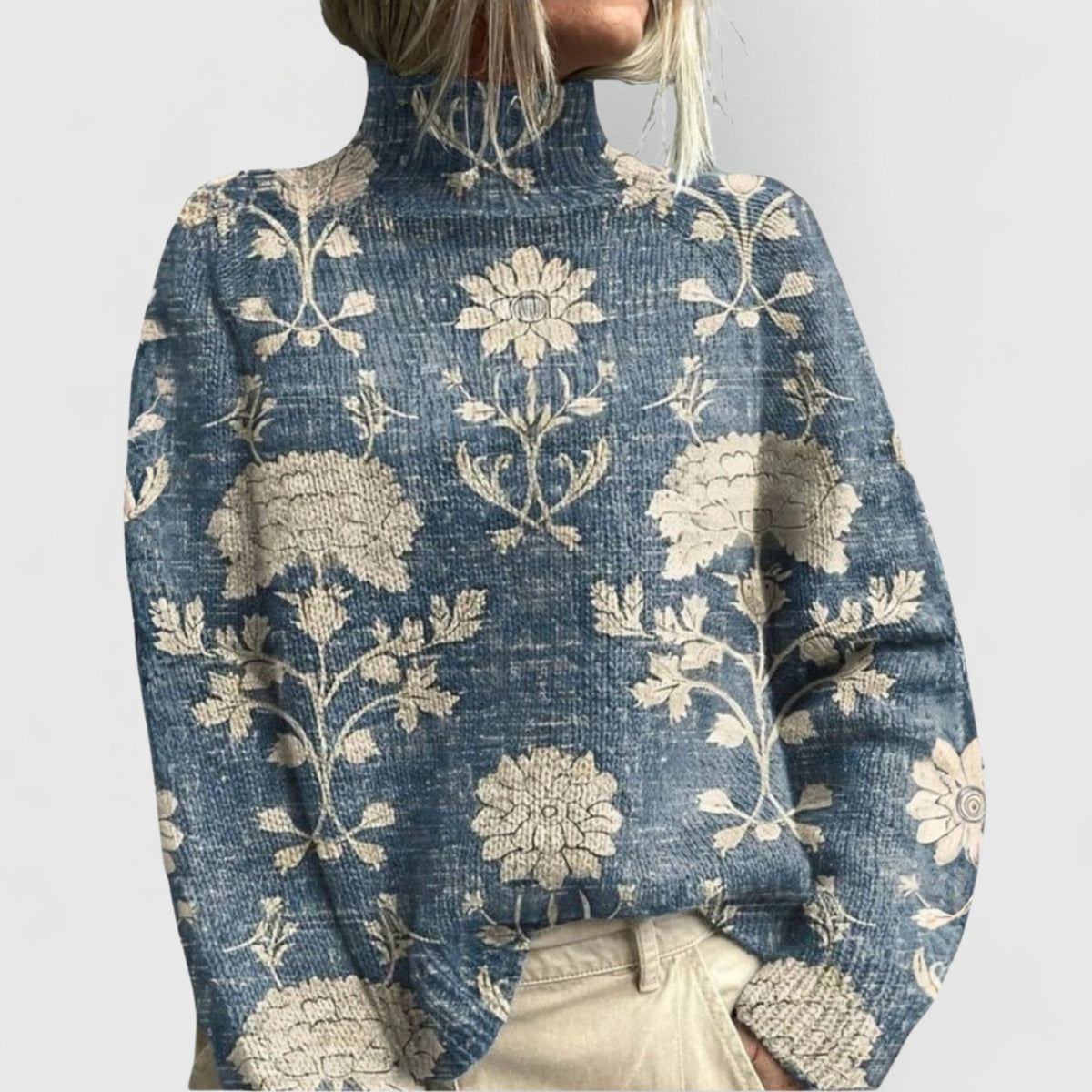 Dames Sweater met Coltrui Lange Mouw en Bloemenprint Lichtblauw