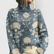 Women's Relaxed Turtleneck Sweater with Ribbed Cuffs and Floral Print