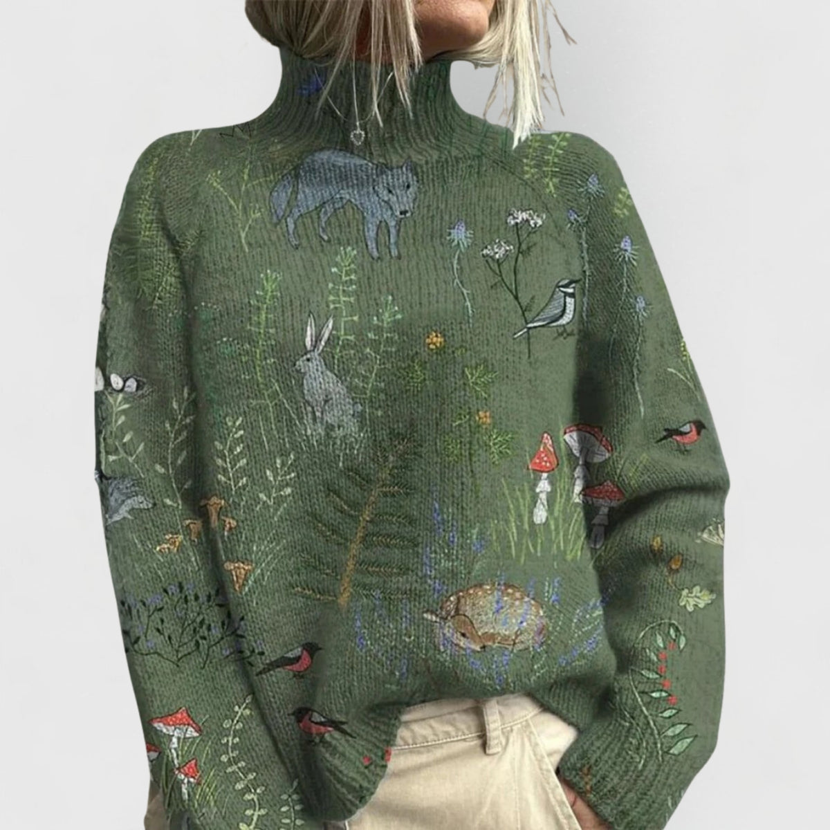 Dames Sweater met Coltrui Lange Mouw en Bloemenprint Groen