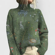 Women's Relaxed Turtleneck Sweater with Ribbed Cuffs and Floral Print