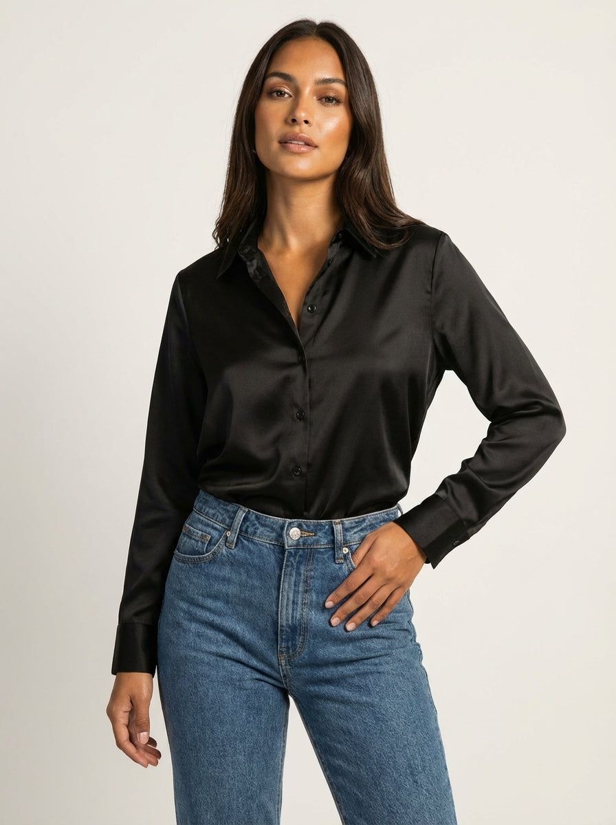 Dames Satijnen Blouse – Glanzende Afwerking met Elegante Pasvorm Zwart / S - AIDA LENA