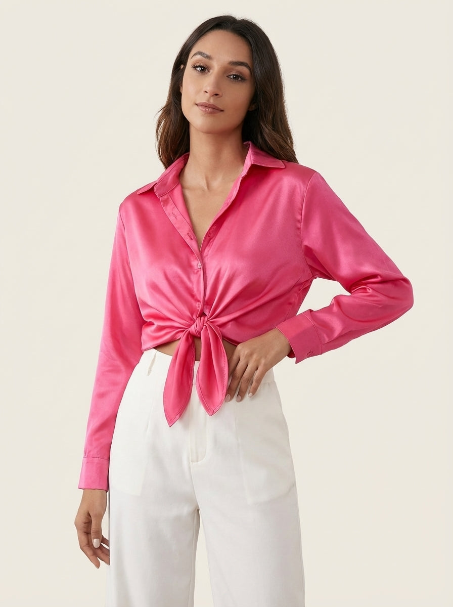 Dames Satijnen Blouse – Glanzende Afwerking met Elegante Pasvorm Roze / S - AIDA LENA