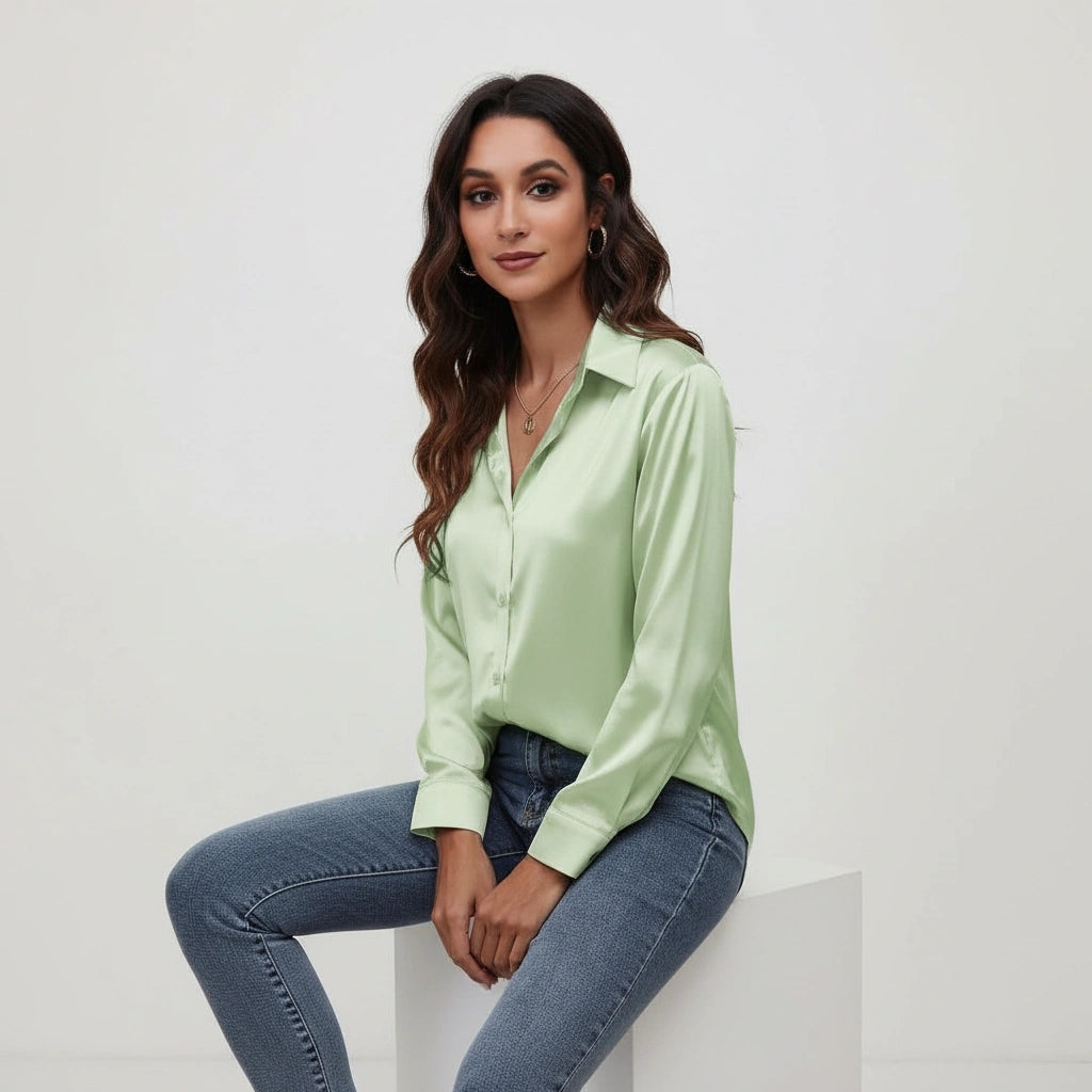 Dames Satijnen Blouse – Glanzende Afwerking met Elegante Pasvorm Licht groen / S - AIDA LENA