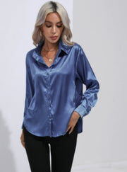 Women's Satin Button-Down Shirt with Classic Collar and Cuffed Sleeves