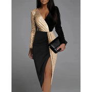 Women's Sequin V-Neck Midi Party Dress with Fitted Silhouette