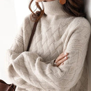 Women's Soft Cashmere Turtleneck Sweater with Basketweave Knit and Ribbed Cuffs