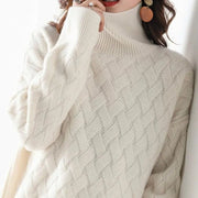 Women's Soft Cashmere Turtleneck Sweater with Basketweave Knit and Ribbed Cuffs