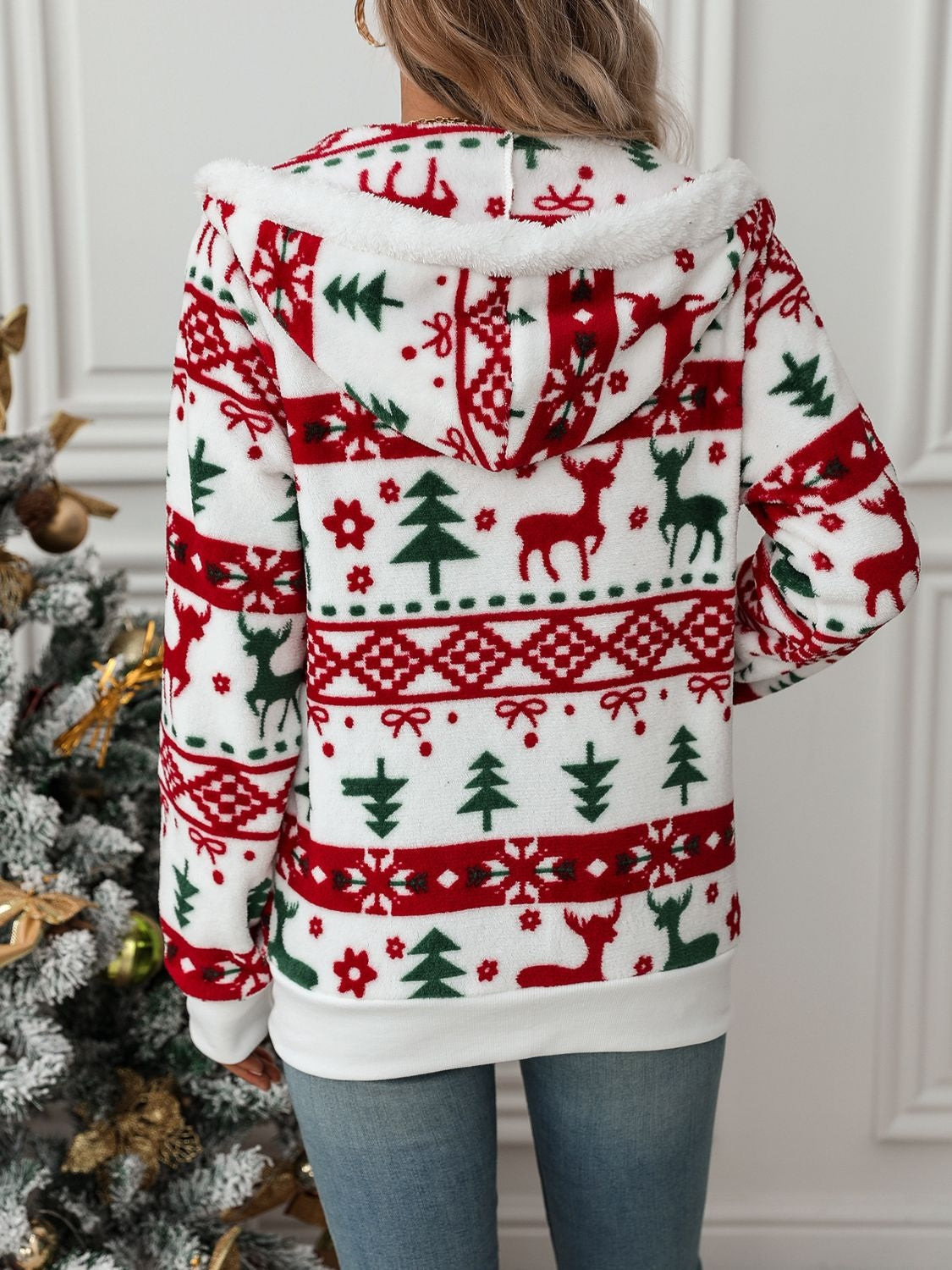 Women's Soft Christmas Fleece Hoodie with Zip Front and Drawstring Hood