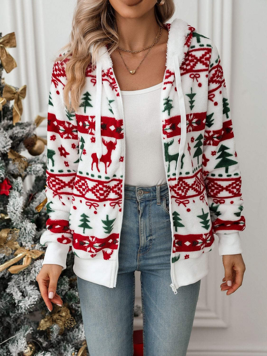 Women's Soft Christmas Fleece Hoodie with Zip Front and Drawstring Hood