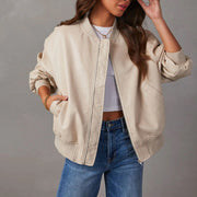Women's Soft Faux Leather Bomber Jacket with Ribbed Trim