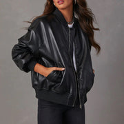 Women's Soft Faux Leather Bomber Jacket with Ribbed Trim