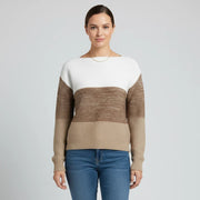 Color Block Ribbed Knit Winter Sweater with Wide Boat Neck for Women