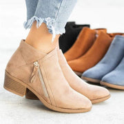 Women's Soft Suede Ankle Boots with Side Zip and Low Block Heel