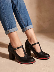 Women's Structured Brogue T-Bar Block Heel Pumps with Wingtip Toe and Buckle