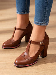 Women's Structured Brogue T-Bar Block Heel Pumps with Wingtip Toe and Buckle