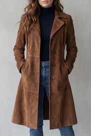 Women's Tailored Longline Suede-Effect Coat with Button Front and Side Pockets