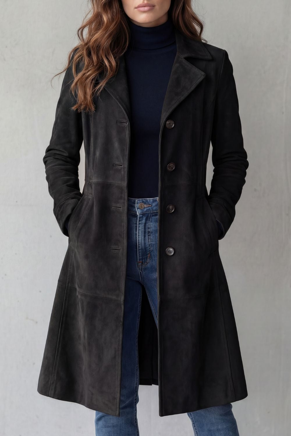 Women's Suede-Effect Longline Coat - Black - View 4