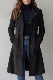 Women's Tailored Longline Suede-Effect Coat with Button Front and Side Pockets