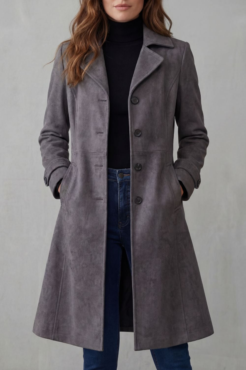 Women's Suede-Effect Longline Coat - Charcoal - View 5