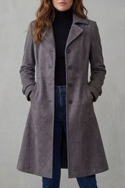 Women's Tailored Longline Suede-Effect Coat with Button Front and Side Pockets