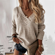 Women's Relaxed Knit Sweater with V-Neckline and Loose Fit