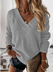 Women's Relaxed Knit Sweater with V-Neckline and Loose Fit