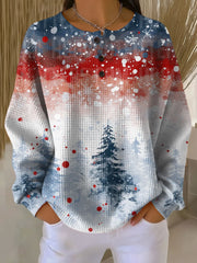 Women's Warm Christmas Sweater with Button Placket and Waffle Knit