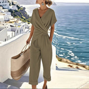 Wrap V-Neck Jumpsuit with Pockets Casual Wear Two Piece
