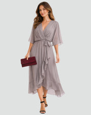 Wrap V-Neck Midi Dress Chiffon Party Occasion