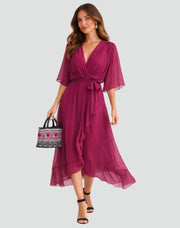 Wrap V-Neck Midi Dress Chiffon Party Occasion