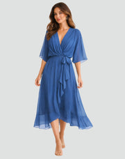 Wrap V-Neck Midi Dress Chiffon Party Occasion